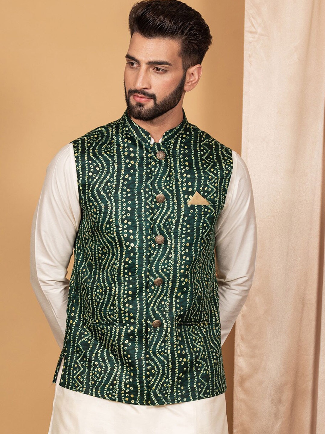 

KISAH Mandarin Collar Bandhani Printed Nehru Jacket, Green