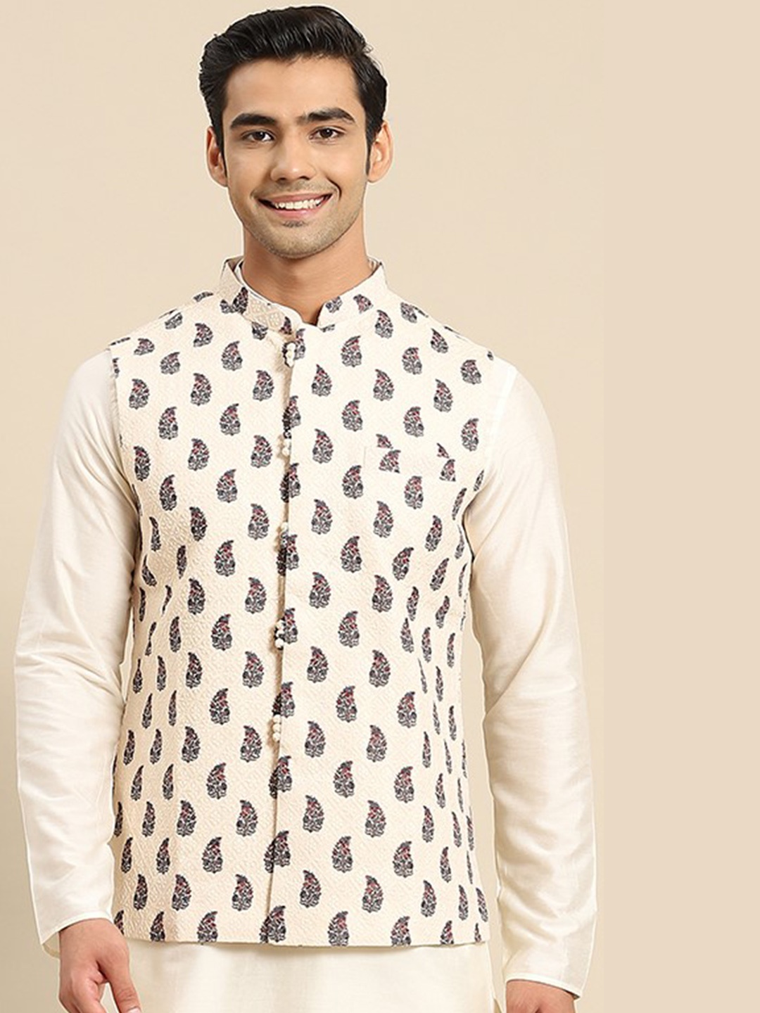 

KISAH Printed Woven Nehru Jacket, White
