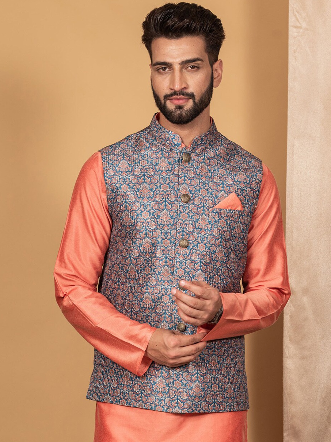 

KISAH Printed Mandarin Collar Woven Nehru Jacket With Pocket Square, Blue
