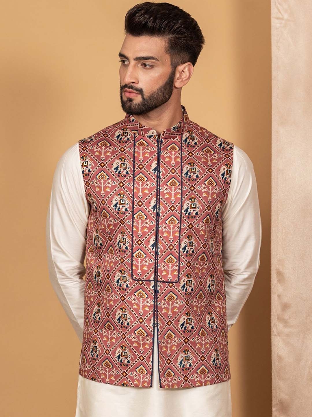 

KISAH Mandarin Collar Printed Nehru Jacket, Pink