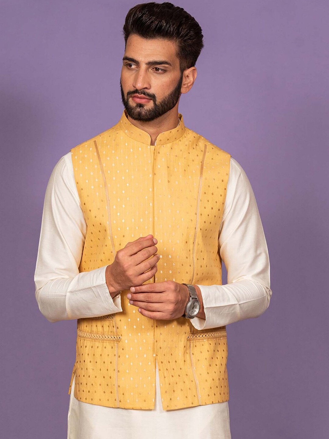 

KISAH Men Woven Design Nehru Jacket, Yellow