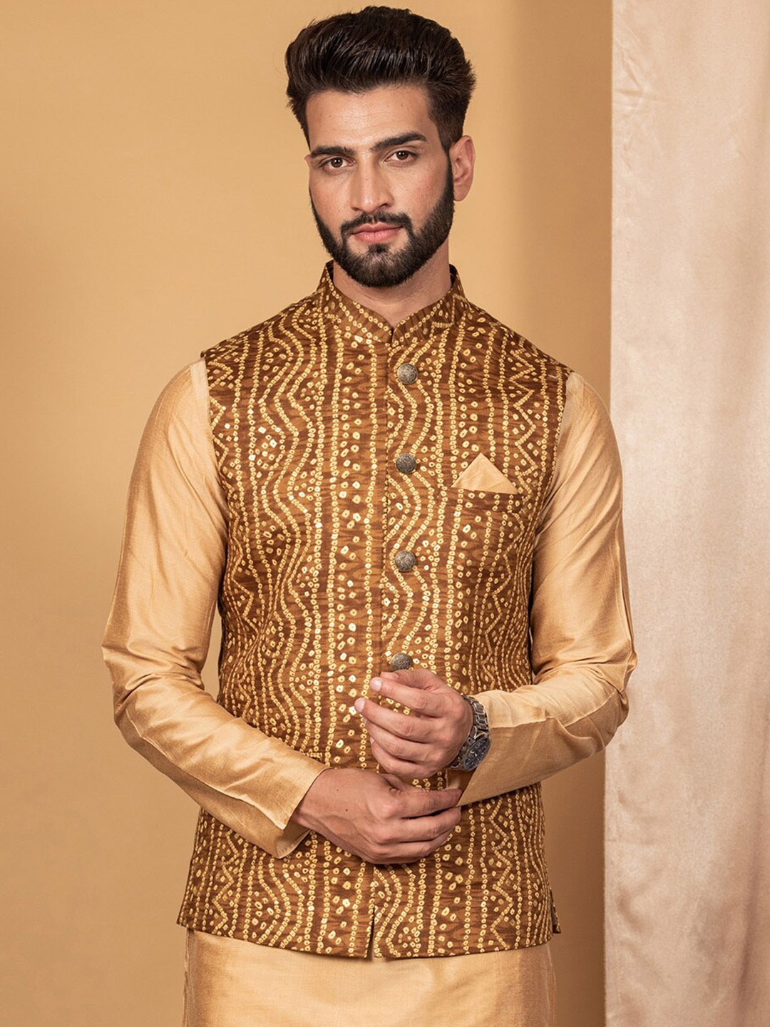 

KISAH Printed Nehru Jacket, Mustard