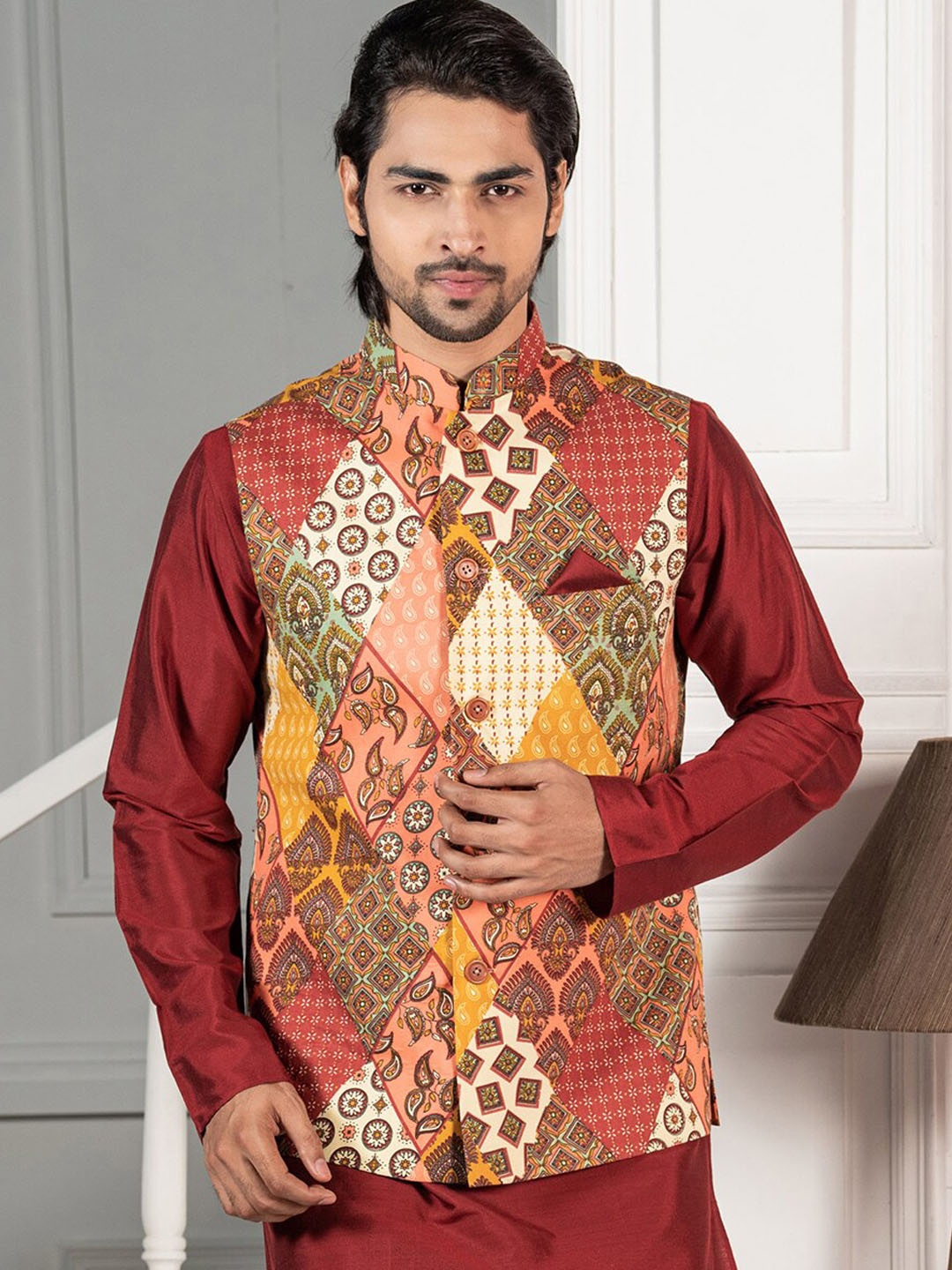 

KISAH Ethnic Motifs Printed Woven Nehru Jackets, Red