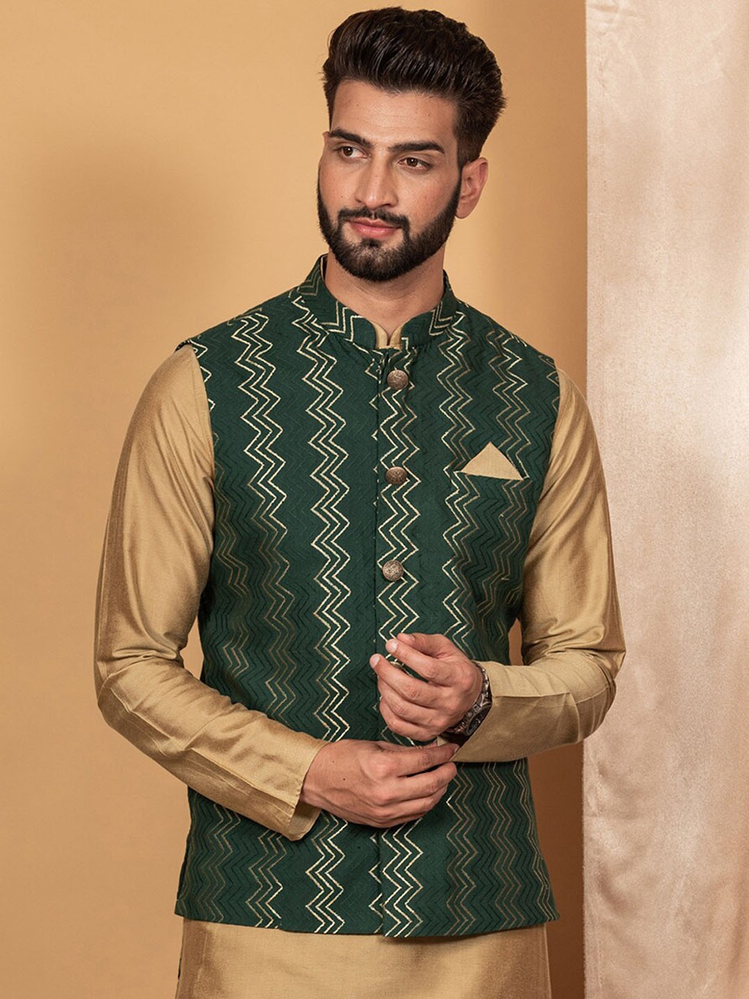 

KISAH Geometric Printed Nehru Jacket, Green
