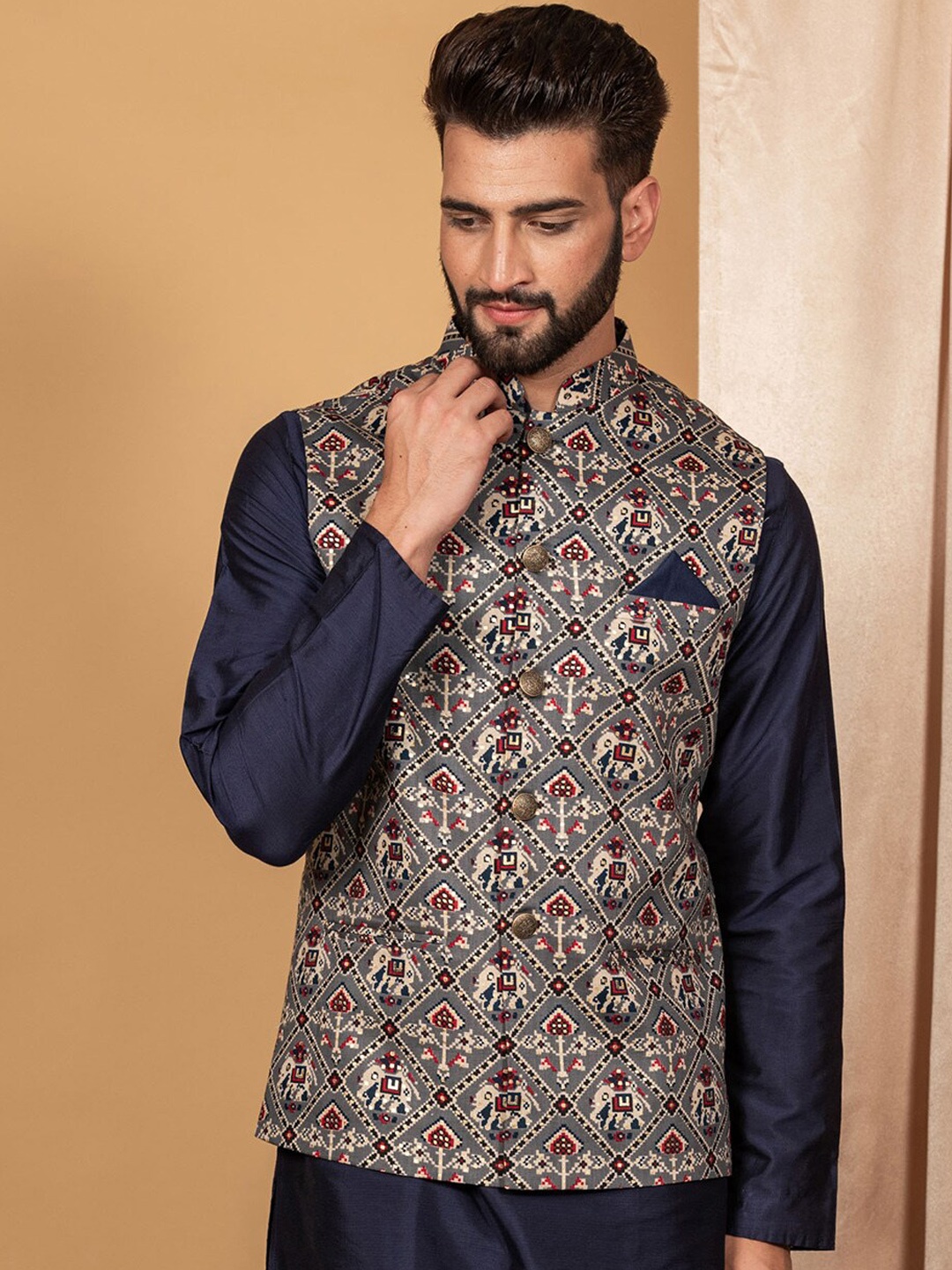 

KISAH Printed Woven Nehru Jacket, Grey