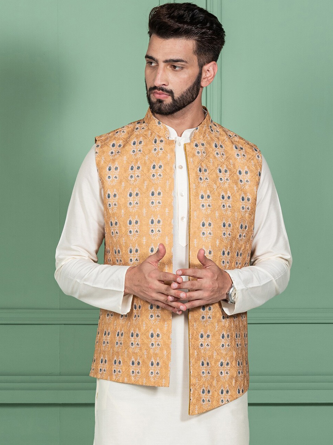 

KISAH Printed Woven Nehru Jacket, Mustard