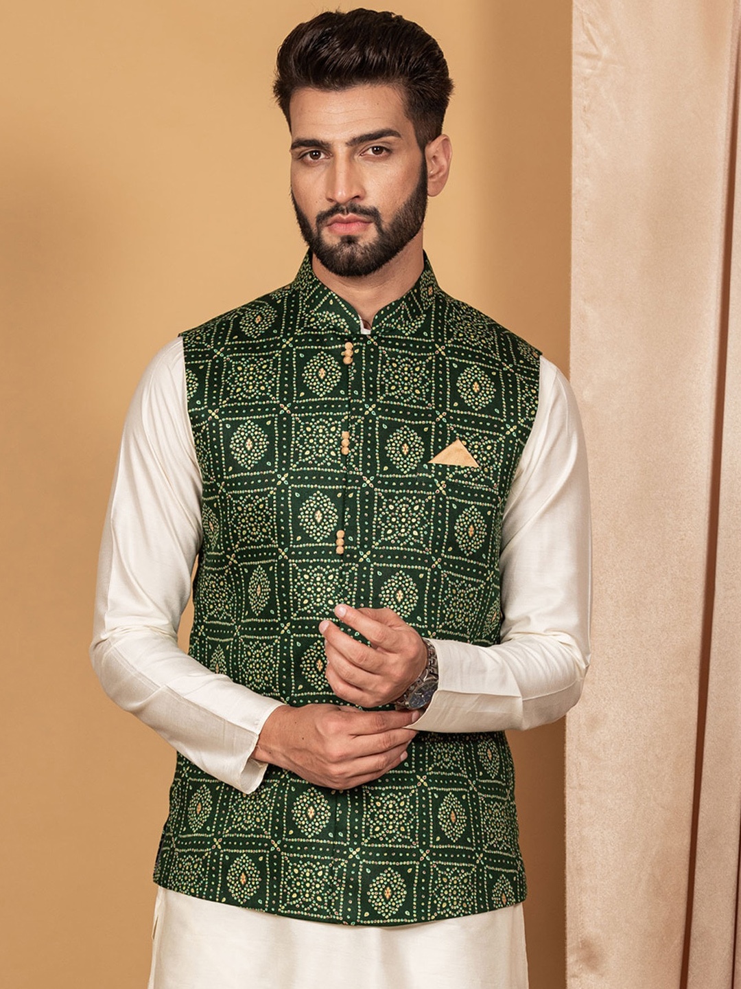 

KISAH Printed Mandarin Collar Woven Nehru Jacket With Pocket Square, Green