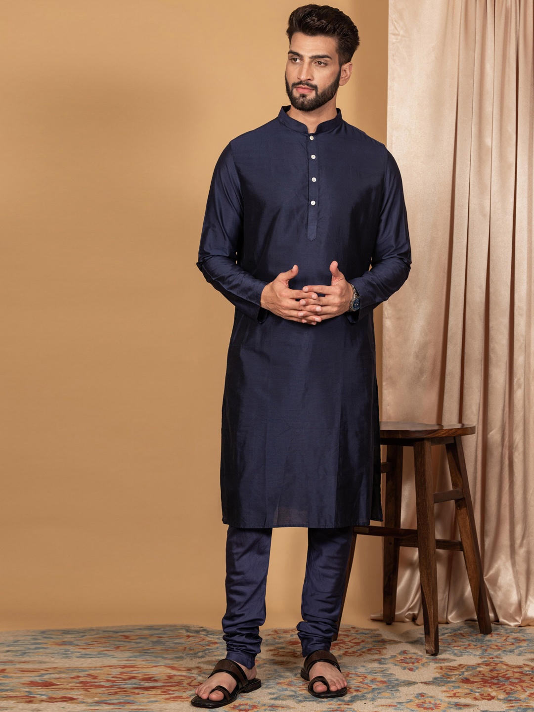 

KISAH Mandarin Collar Kurta With Churidar & Patola Print Nehru Jacket, Navy blue