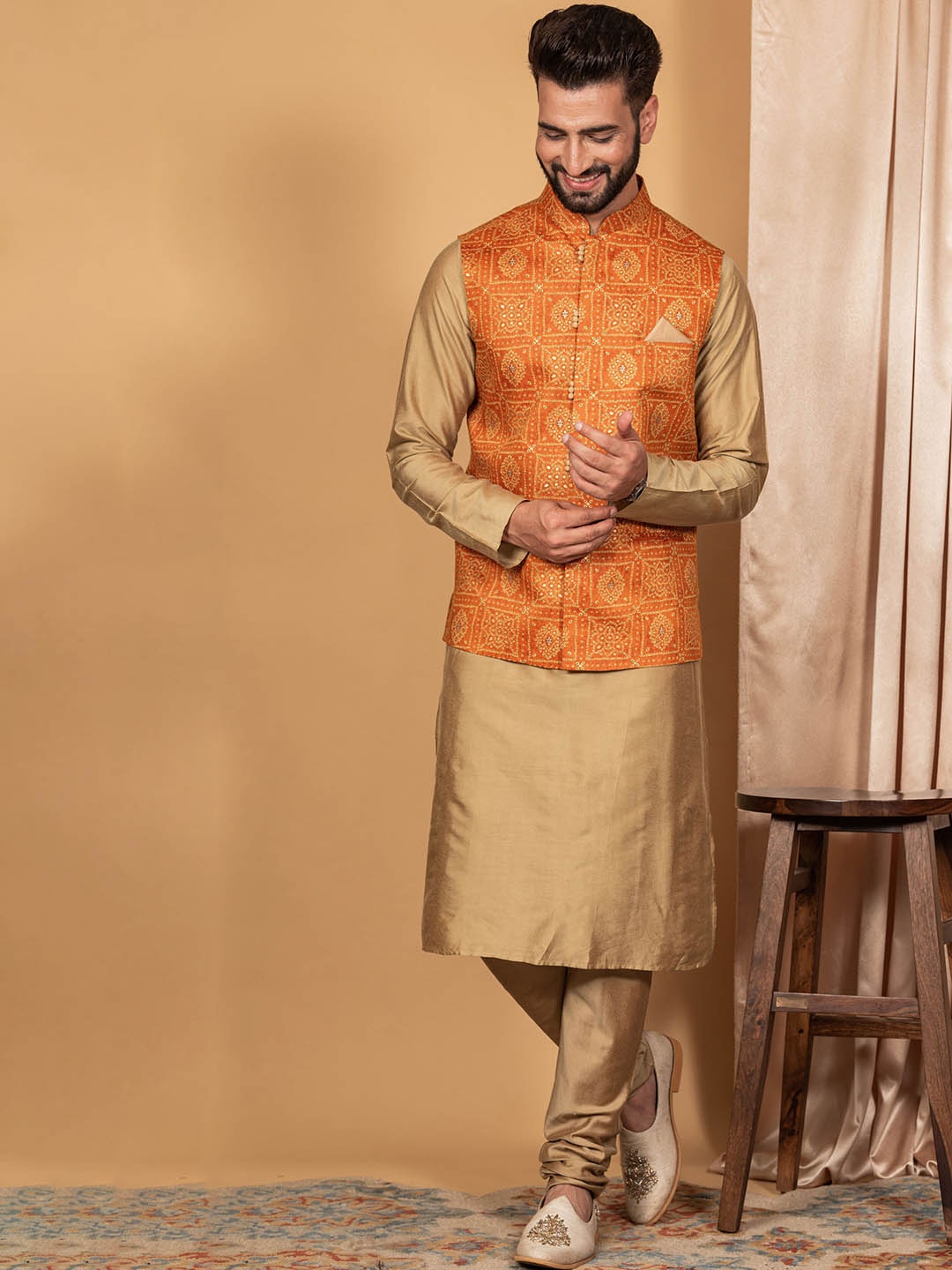 

KISAH Mandarin Collar Kurta with Churidar & Nehru Jacket, Gold