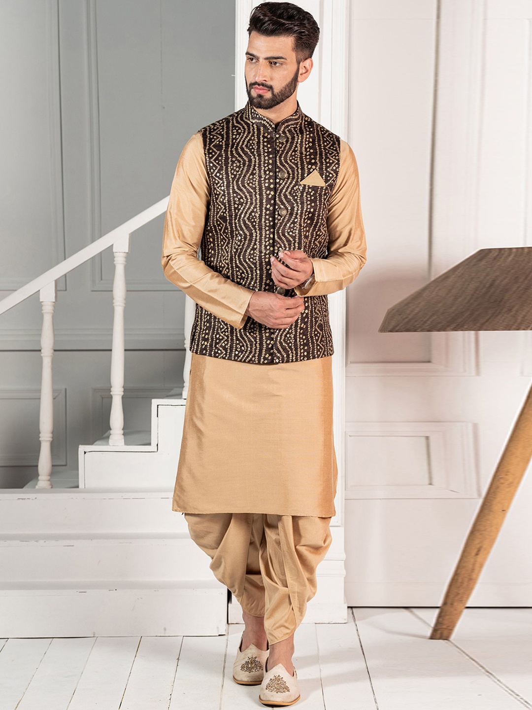 

KISAH Mandarin Collar Kurta With Dhoti Pants & Bandhani Print Nehru Jacket Set, Brown