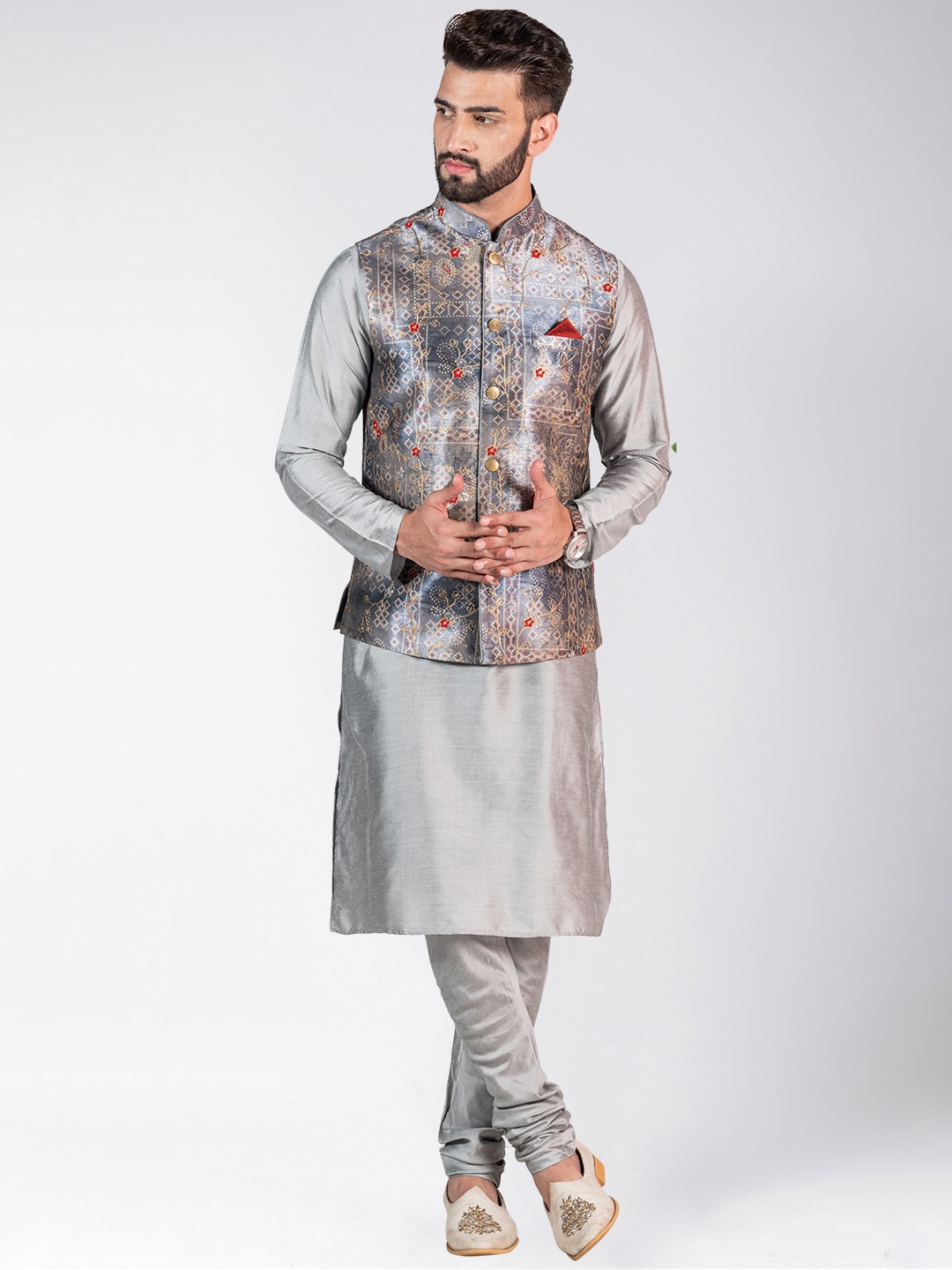 

KISAH Mandarin Collar Kurta with Churidar With Printed Nehru Jacket, Grey