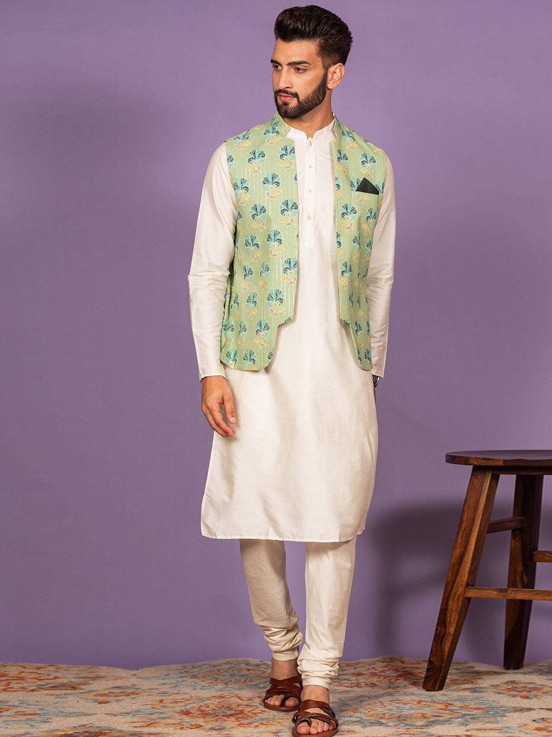 

KISAH Mandarin Collar Regular Kurta With Churidar & Nehru Jacket, White