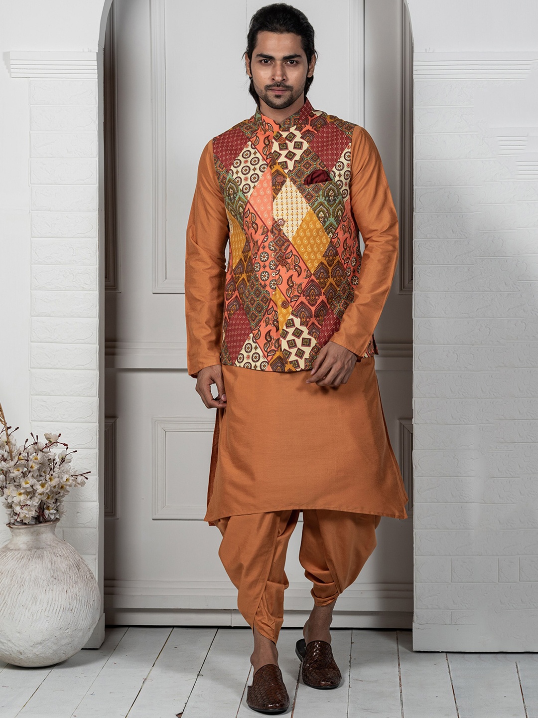 

KISAH Mandarin Collar Kurta With Dhoti Pants & Nehru Jacket, Orange