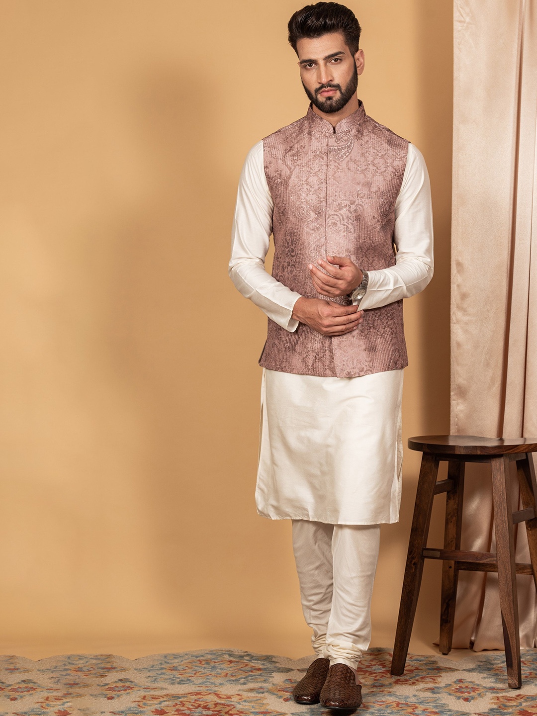 

KISAH Mandarin Collar Kurta with Churidar With Printed Nehru Jacket, Brown