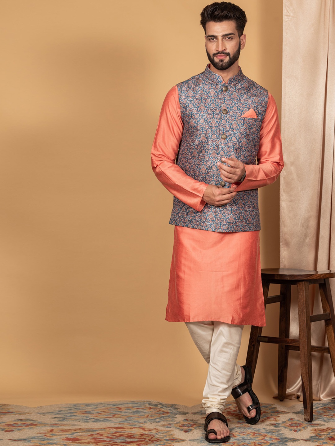 

KISAH Men Mandarin Collar Kurta With Churidar & Nehru Jacket Set, Blue