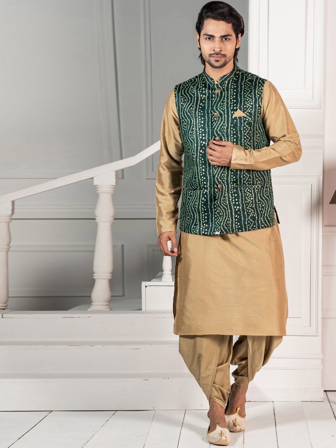 

KISAH Mandarin Collar Regular Kurta with Dhoti Pants & Jacket, Gold