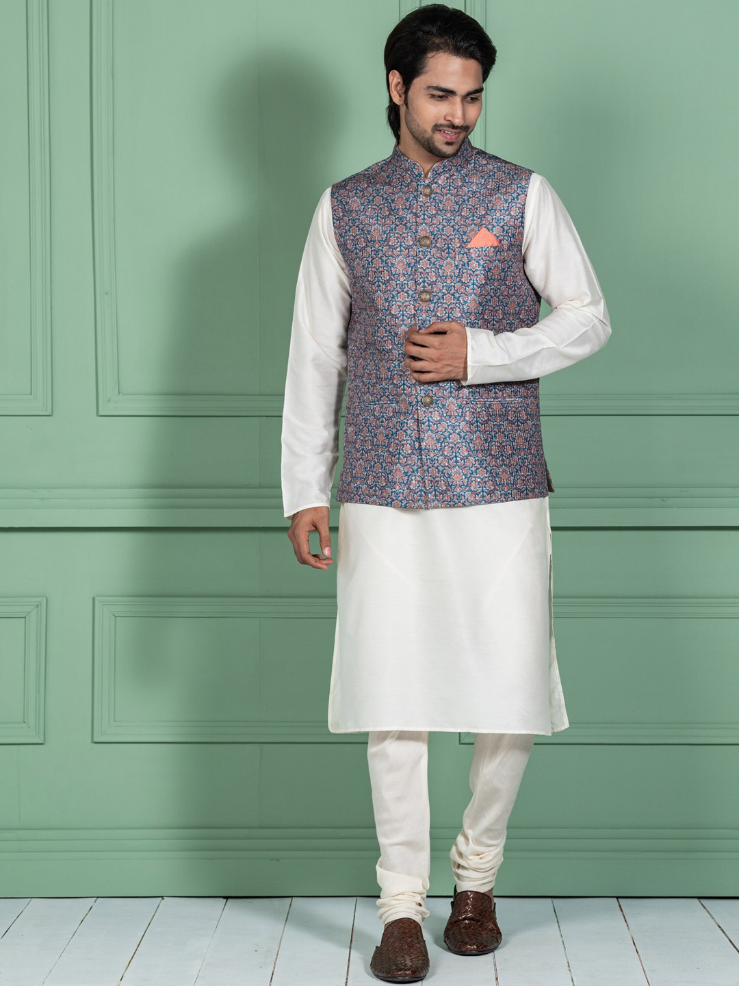 

KISAH Mandarin Collar Sequinned Kurta with Churidar with Floral Printed Nehru Jacket, Blue