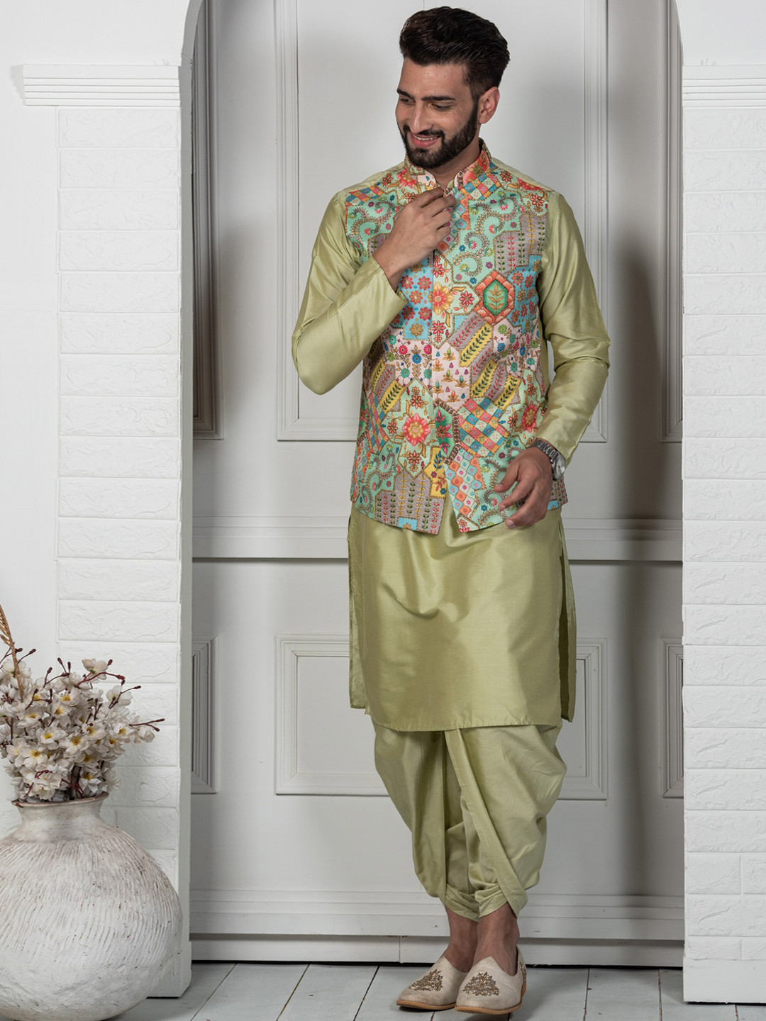 

KISAH Mandarin Collar Printed & Zari Embroidered Kurta with Dhoti Pants & Nehru Jacket, Green