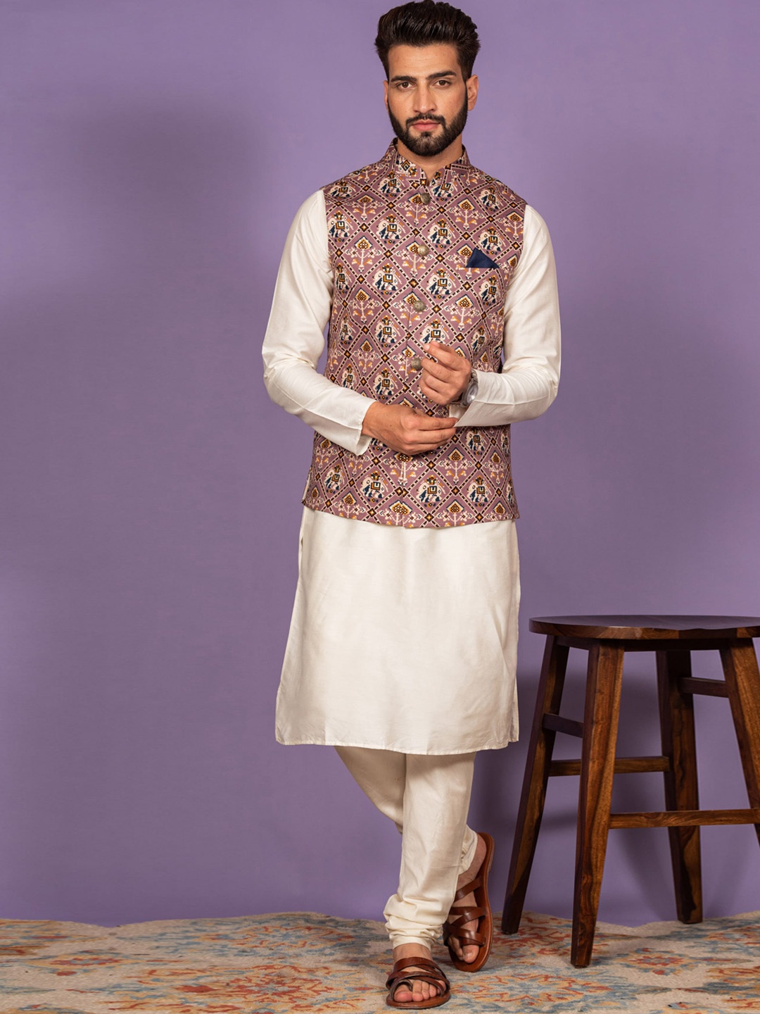 

KISAH Mandarin Collar Straight Regular Kurta With Churidar & Nehru Jacket, White