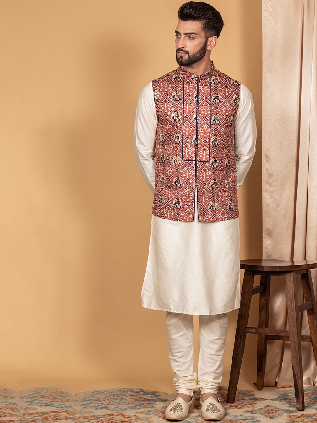 

KISAH Mandarin Collar Kurta with Churidar with Printed Nehru Jacket, Pink