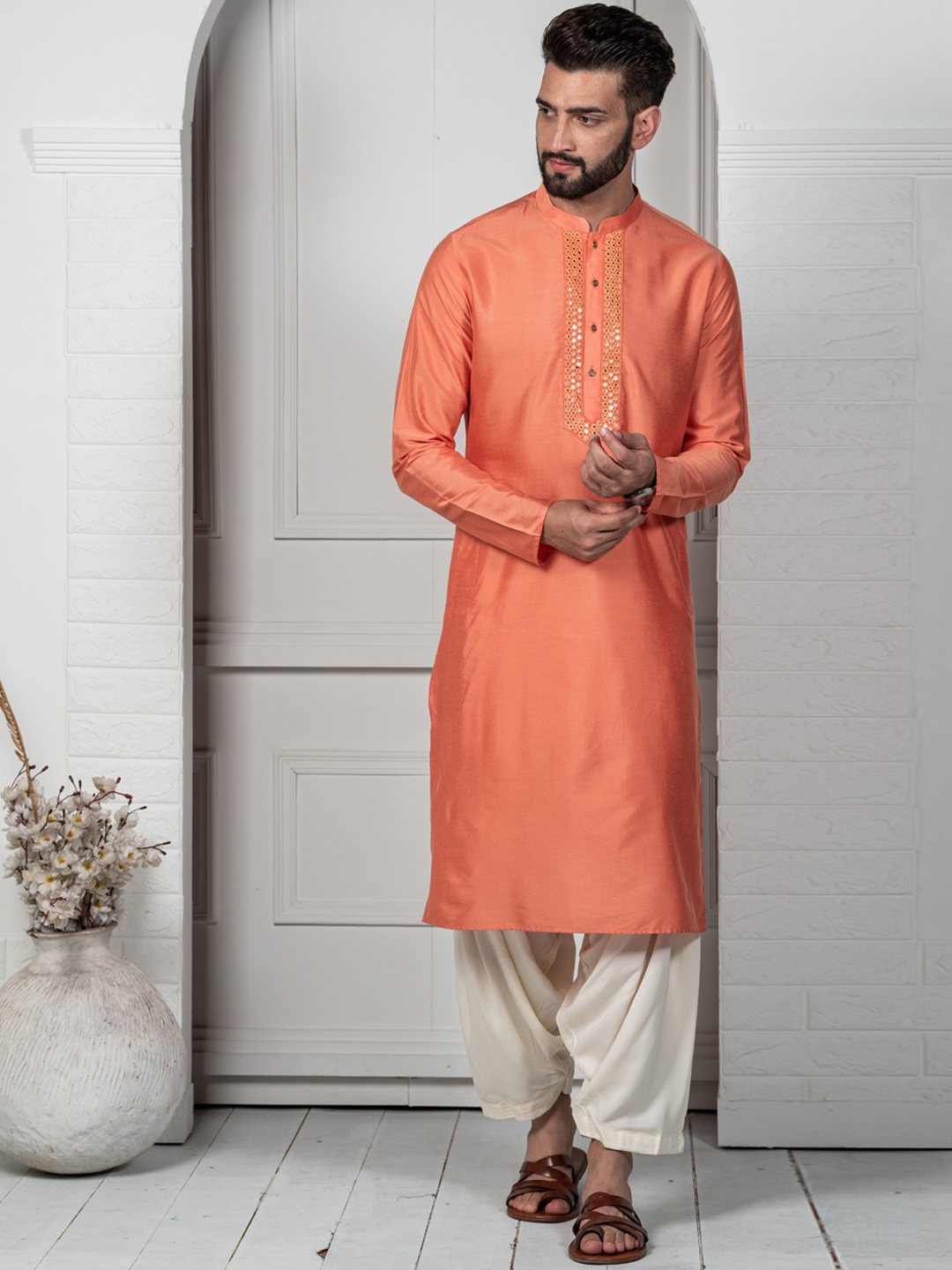 

KISAH Mandarin Collar Mirror Work Kurta With Pyjamas Set, Coral