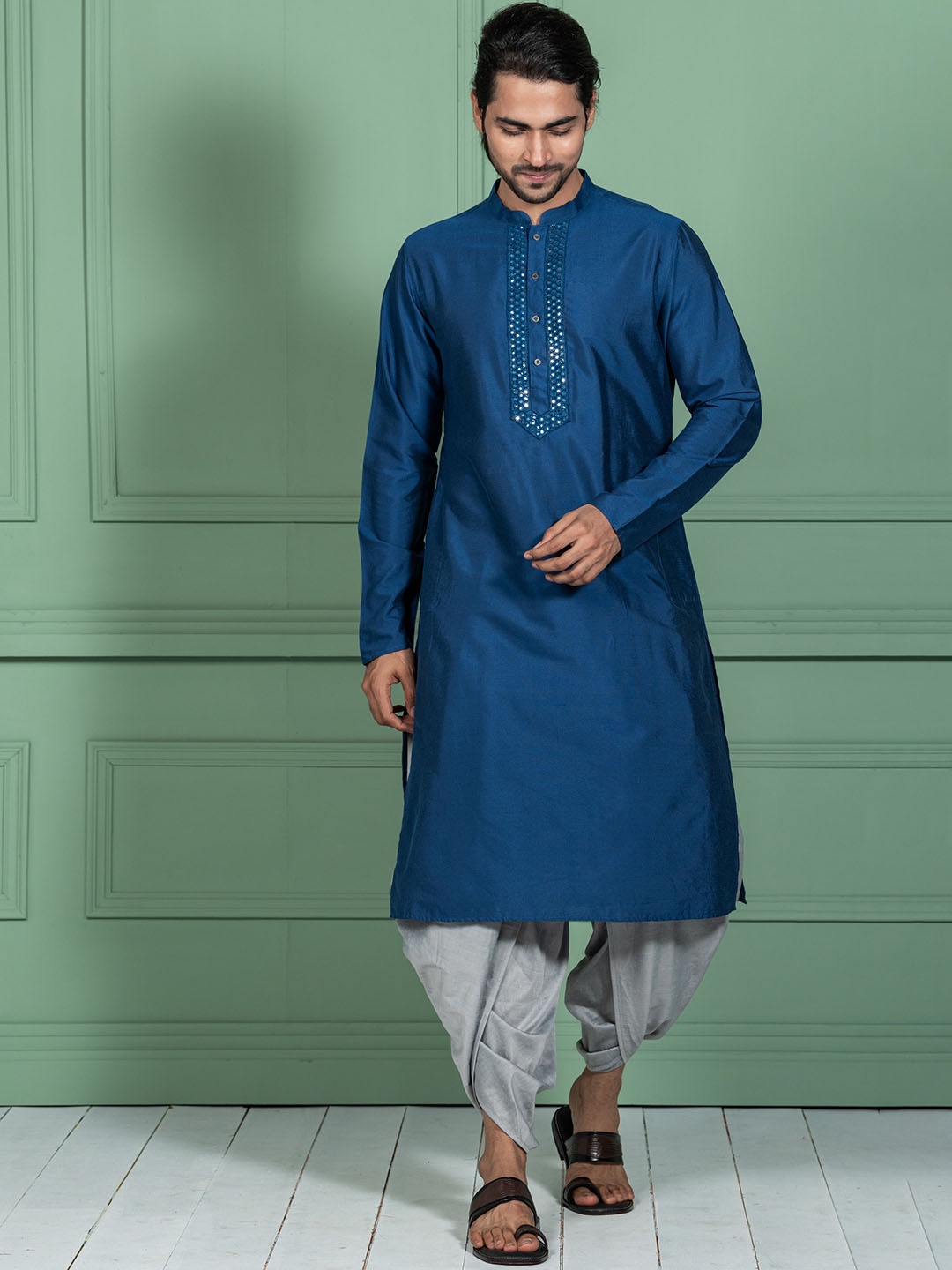 

KISAH Mirror Work Mandarin Collar Straight Kurta with Dhoti Pants, Navy blue