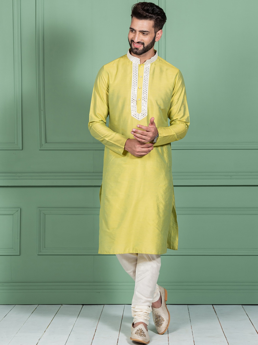

KISAH Mirror Work Mandarin Collar Straight Kurta with Churidar, Yellow