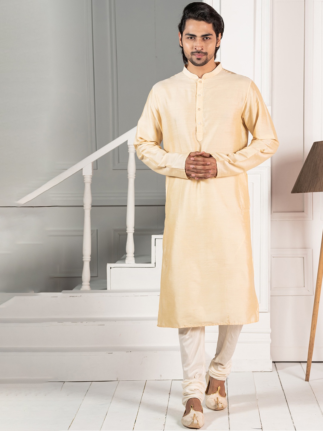 

KISAH Men Mandarin Collar Regular Kurta With Churidar Set, Cream