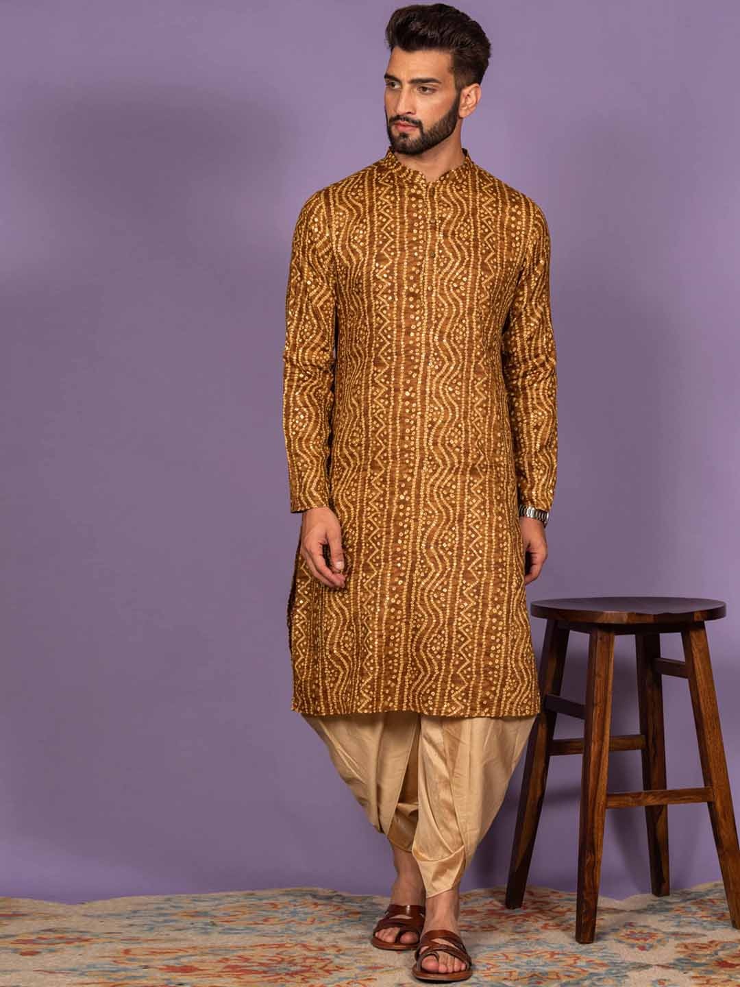 

KISAH Bandhani Printed Mandarin Collar Kurta With Dhoti Pants, Brown