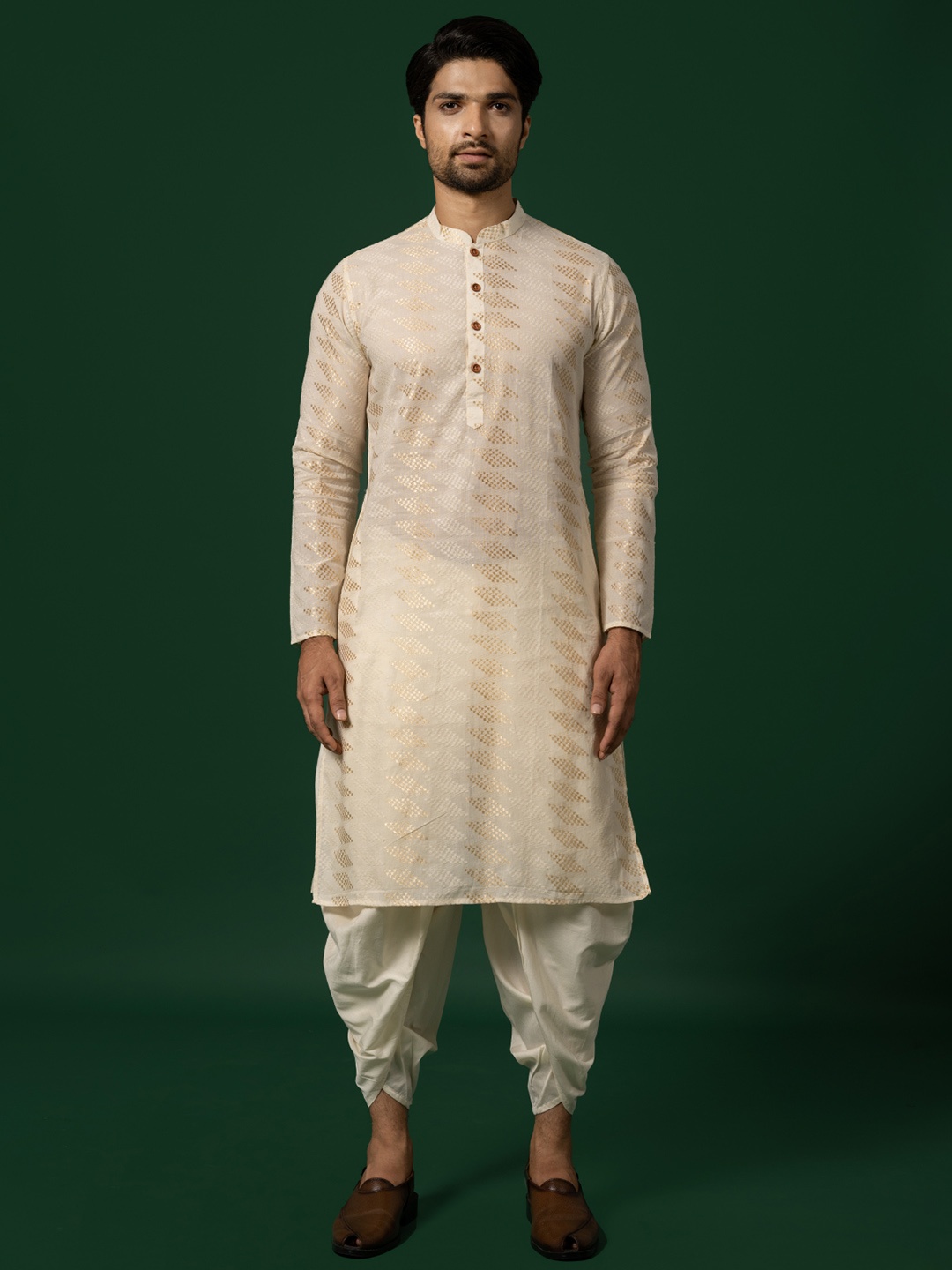 

KISAH Woven Design Mandarin Collar Kurta With Dhoti Pants, White