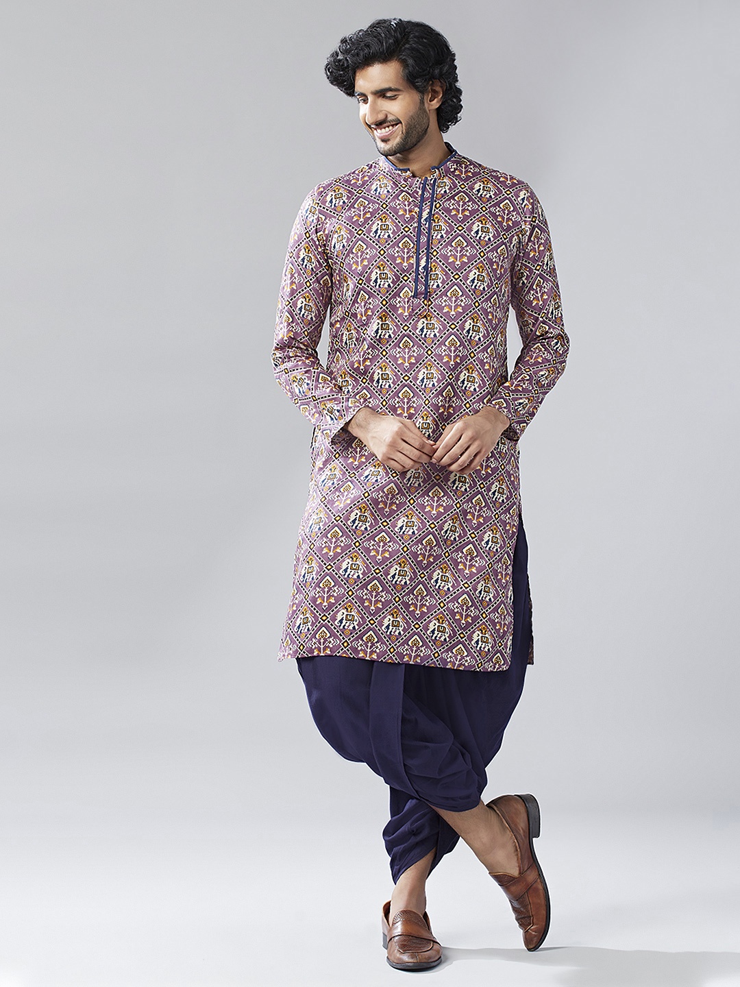 

KISAH Ethnic Motifs Printed Mandarin Collar Regular Kurta With Dhoti Pants, Purple