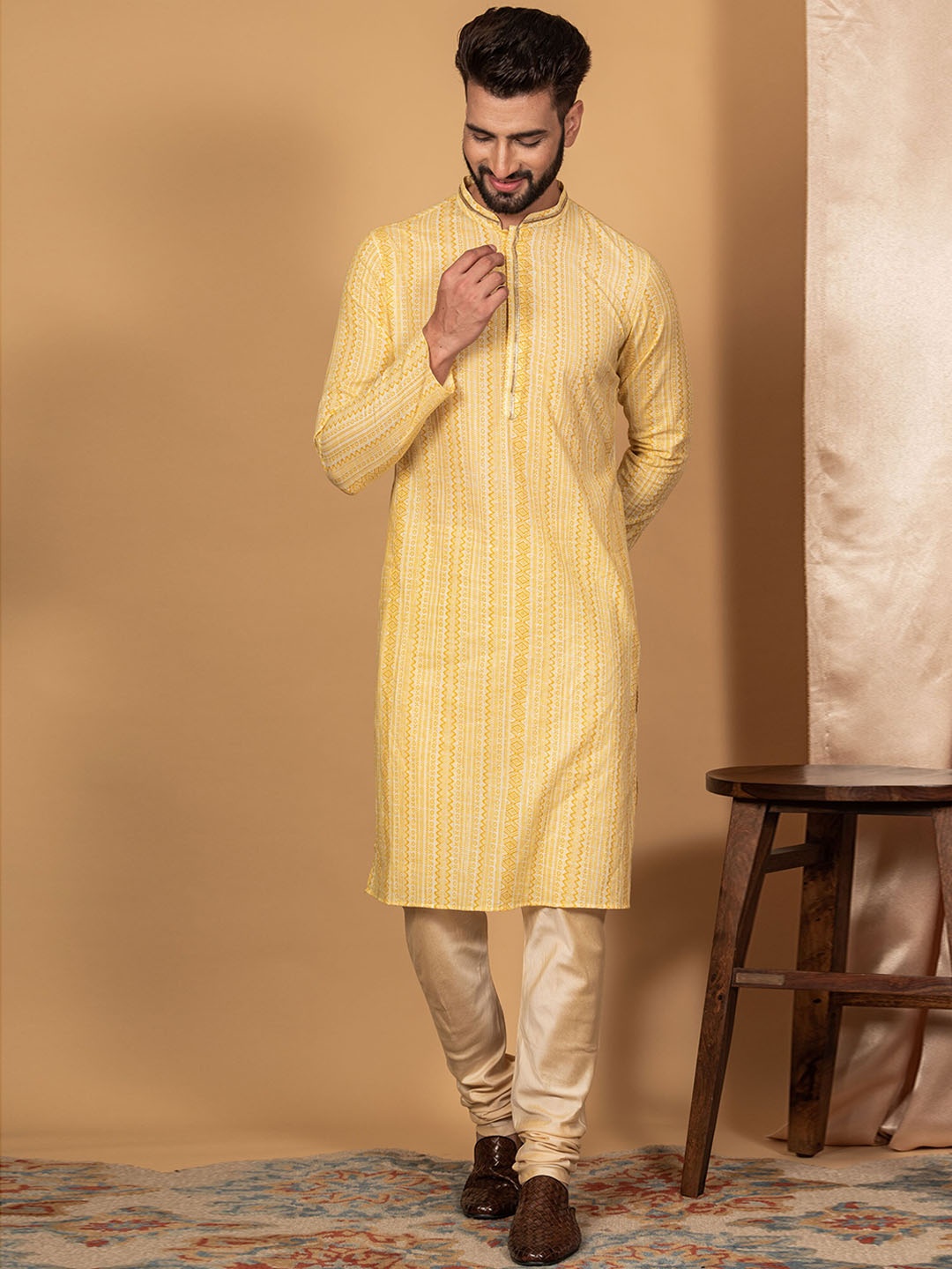 

KISAH Ethnic Motifs Printed Beads & Stones Kurta with Churidar, Yellow