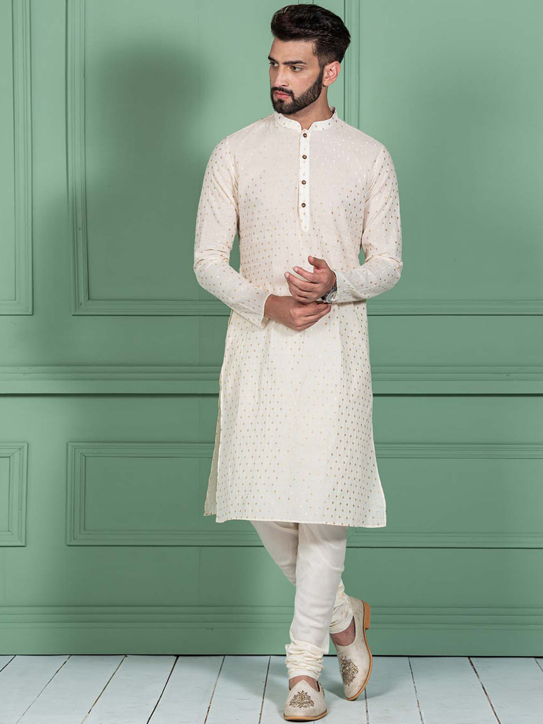 

KISAH Abstract Woven Design Mandarin Collar Kurta with Churidar, White