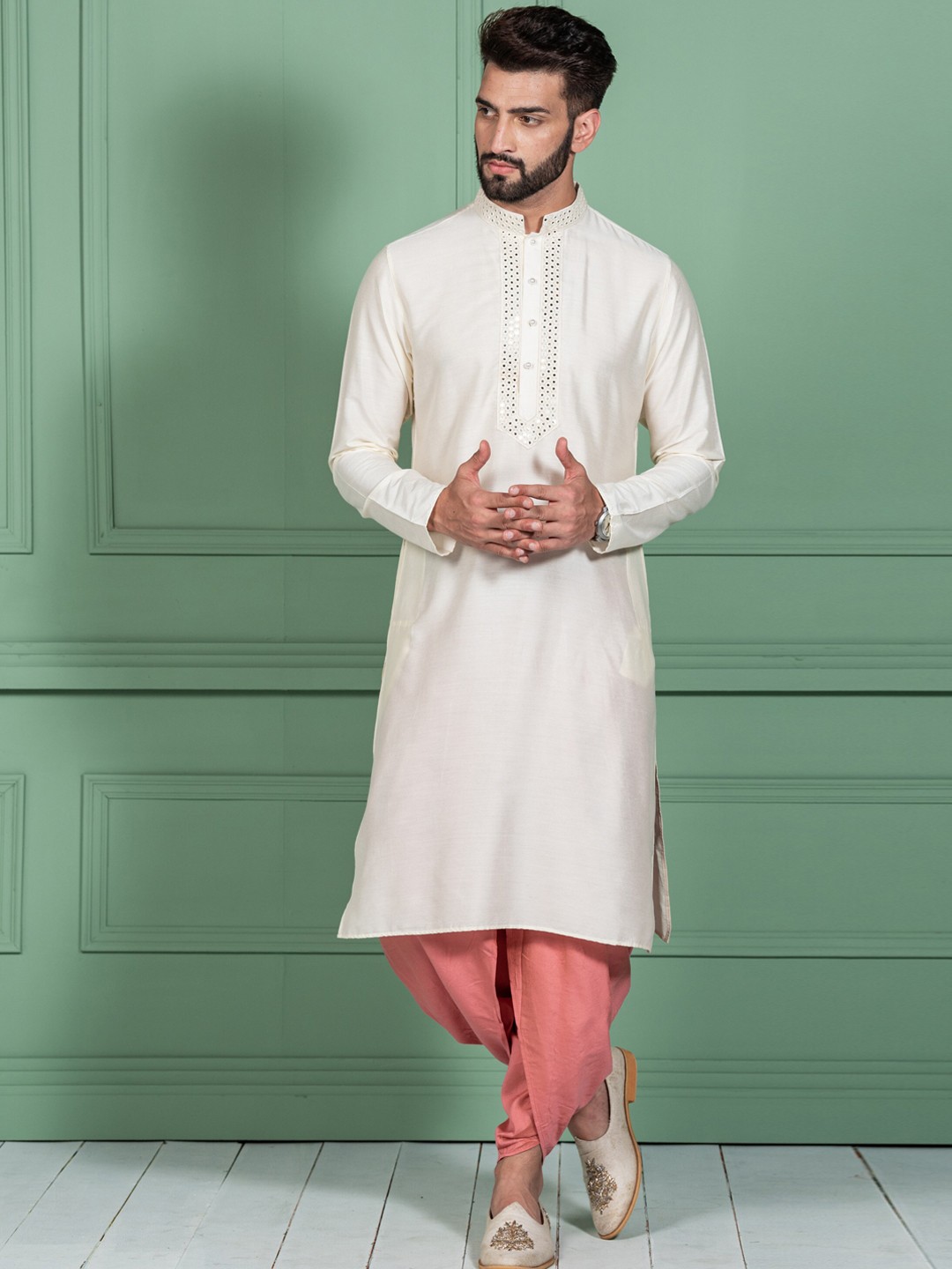 

KISAH Mirror Work Mandarin Collar Straight Kurta with Dhoti Pants, White