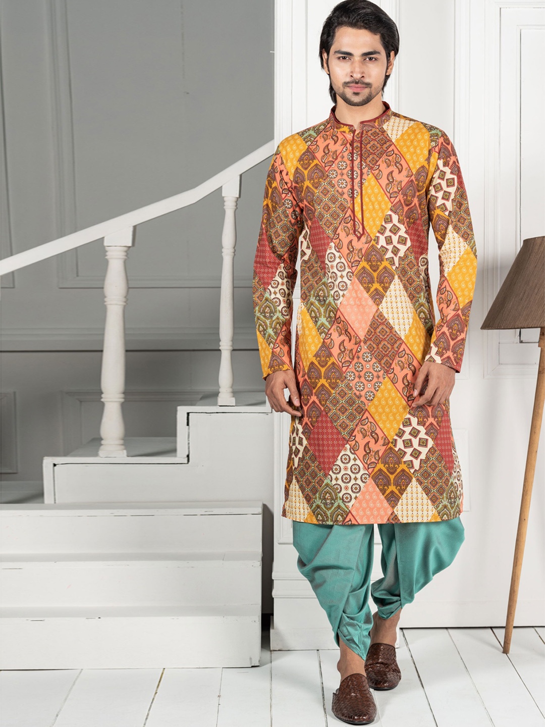

KISAH Ethnic Motif Printed Mandarin Collar Kurta With Dhoti Pants Set, Peach