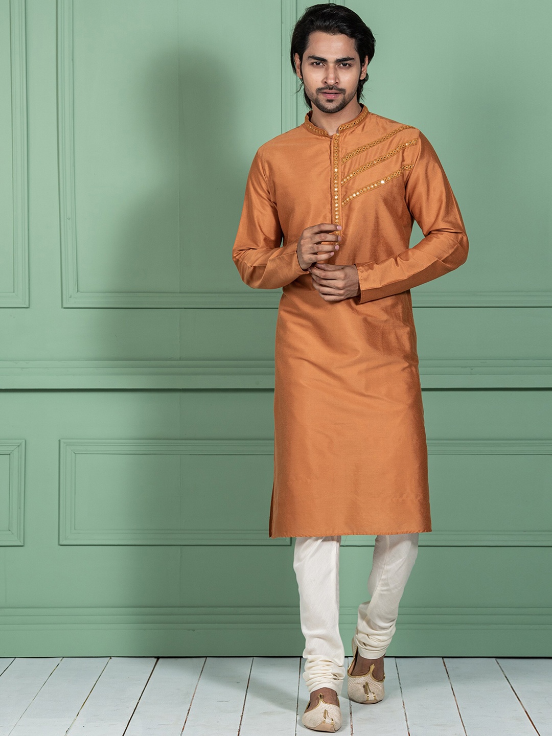 

KISAH Men Mirror Work Mandarin Collar Kurta with Churidar Set, Orange