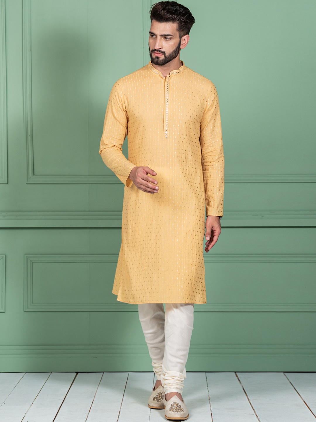 

KISAH Woven Design Mirror Work Mandarin Collar Kurta with Churidar, Mustard