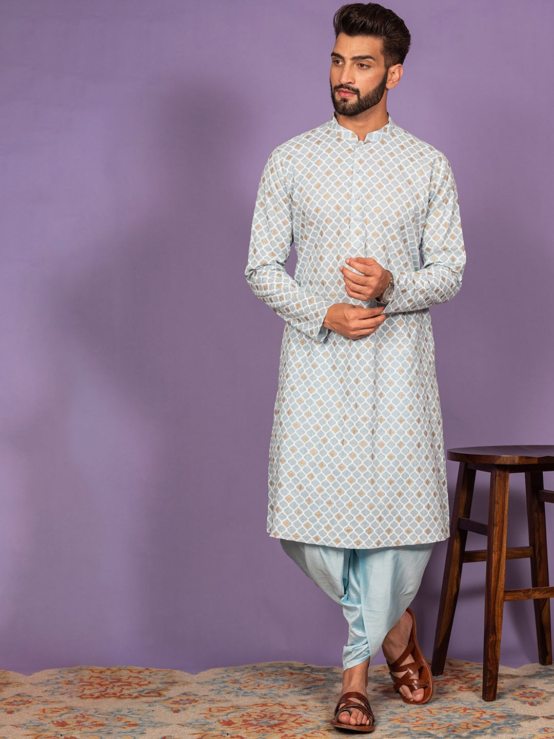 

KISAH Ethnic Motifs Printed Mandarin Collar Kurta With Dhoti Pants, Blue