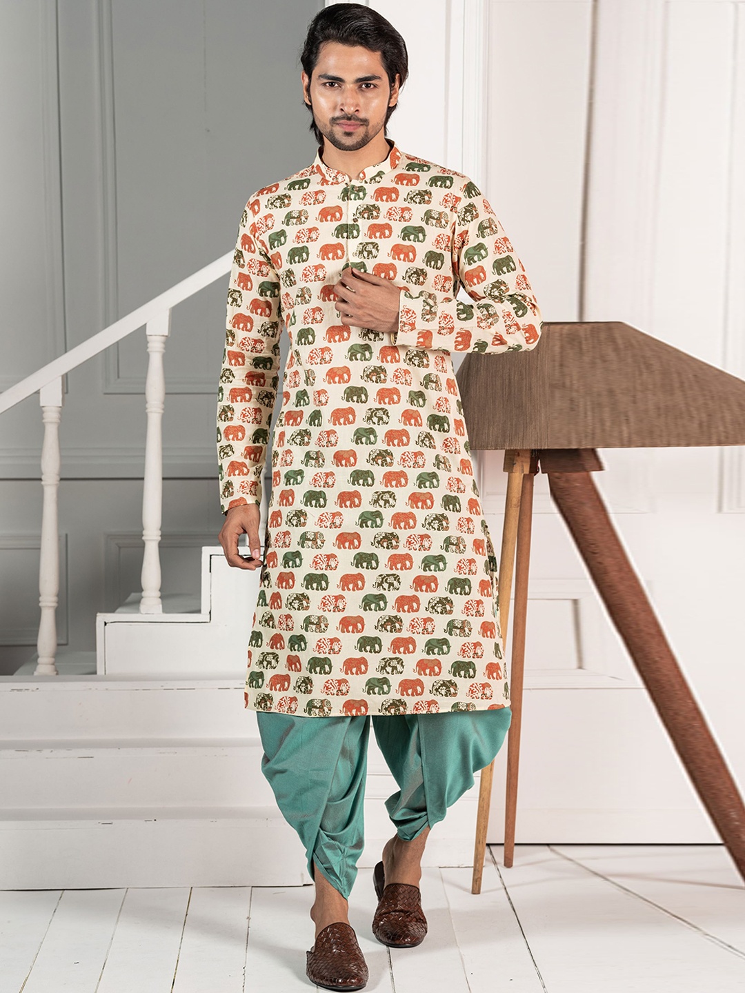 

KISAH Ethnic Motifs Printed Mandarin Collar Kurta with Dhoti Pants, Beige