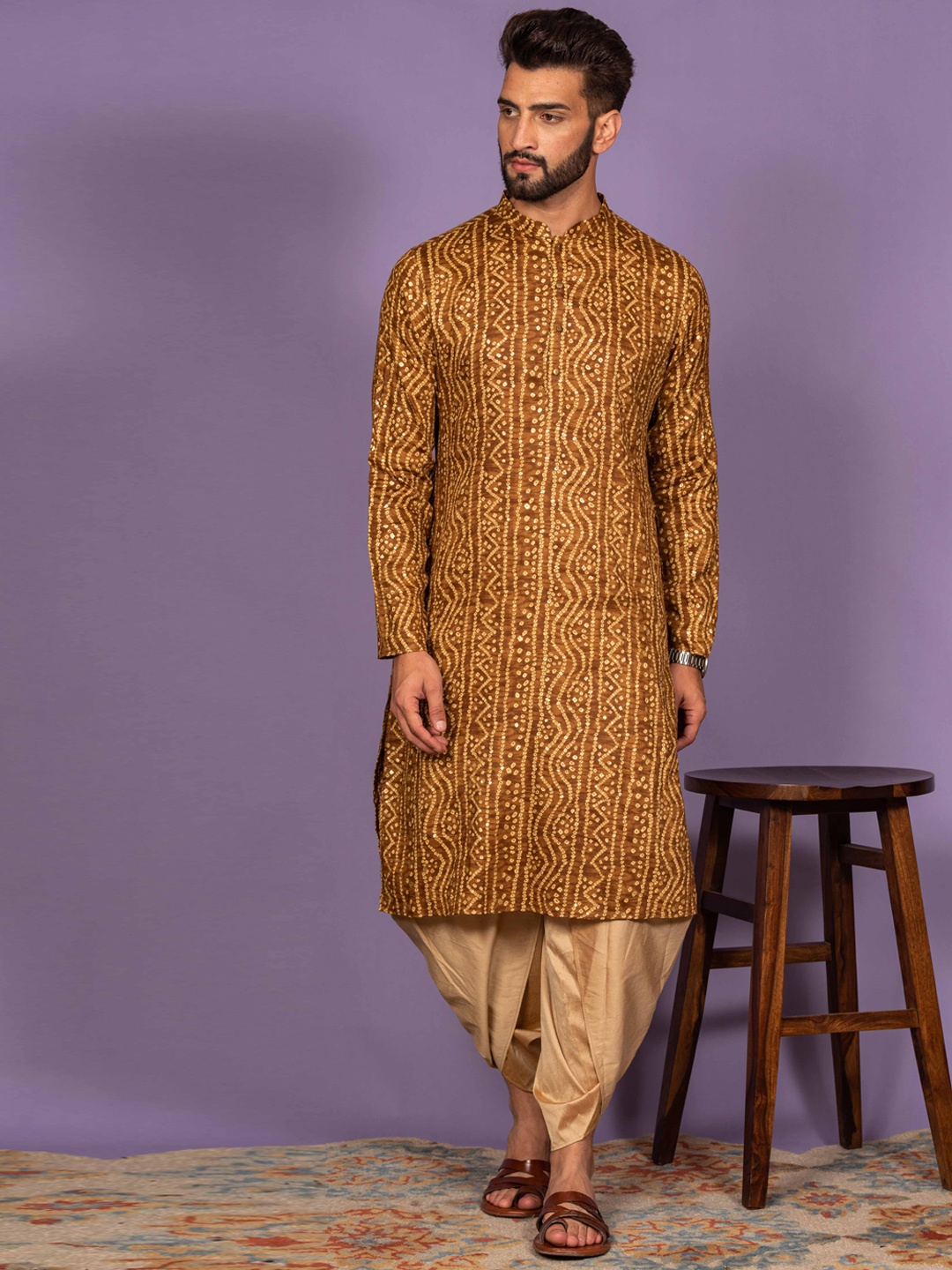 

KISAH Bandhani Printed Mandarin Collar Kurta With Dhoti Pants, Mustard