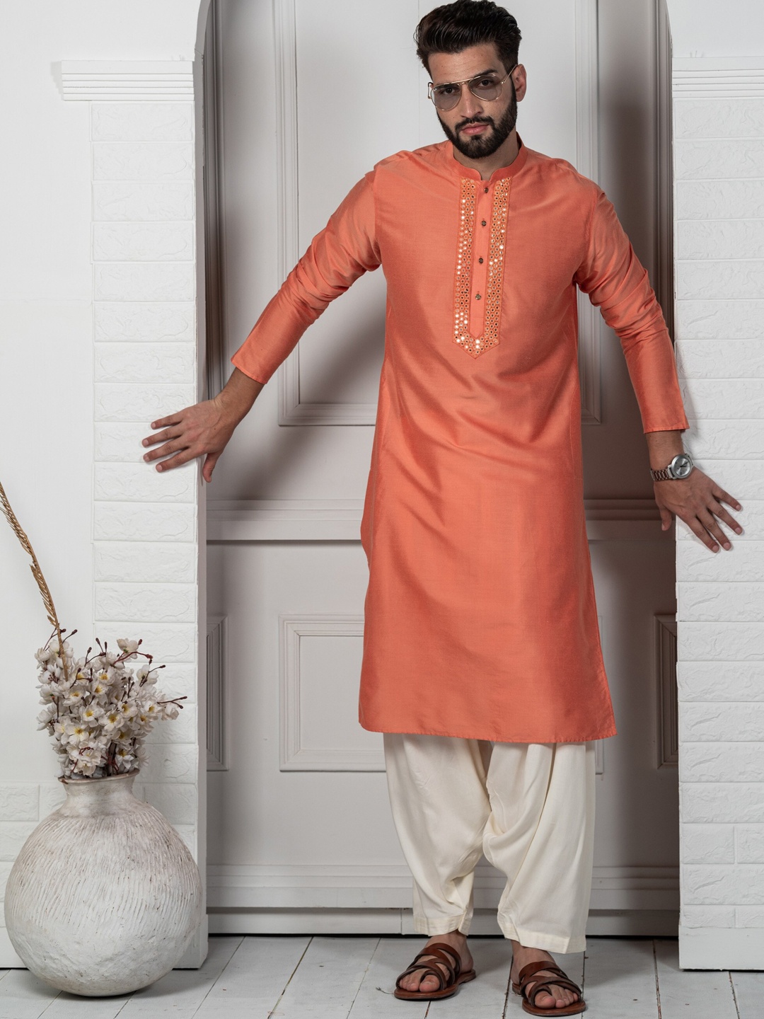 

KISAH Mirror Work Mandarin Collar Regular Mirror Work Straight Kurta With Pyjamas, Coral