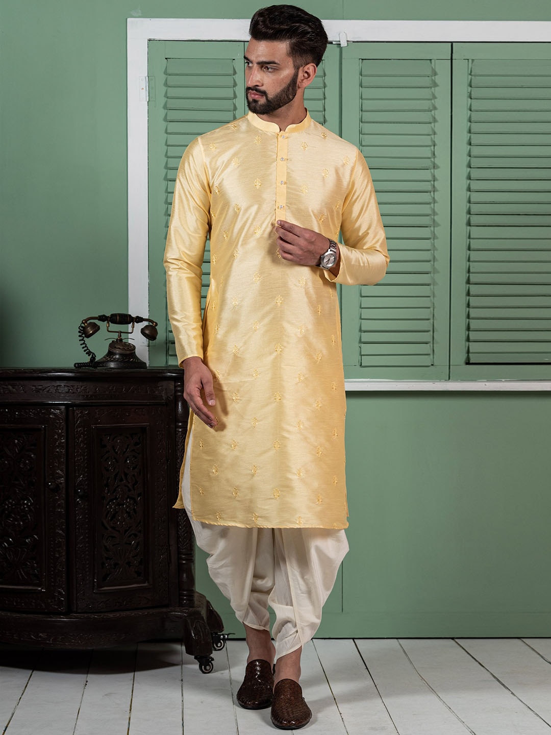 

KISAH Ethnic Motif Embroidered Mandarin Collar Kurta With Dhoti Pants, Yellow