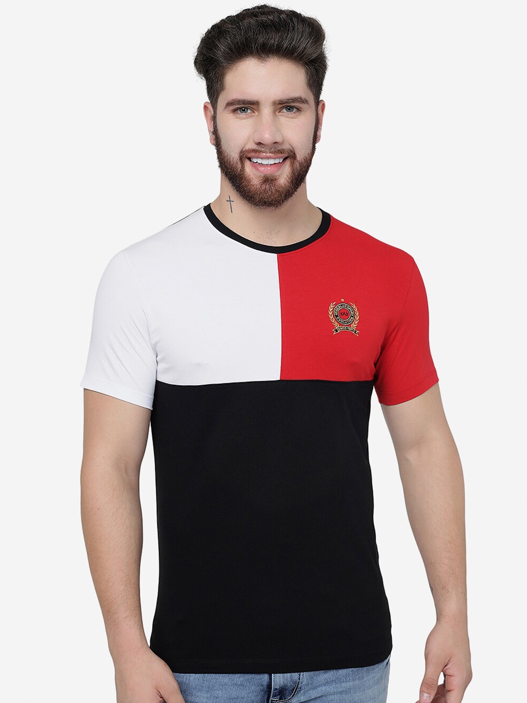 

JADE BLUE Colourblocked Cotton Slim Fit T-shirt, Black