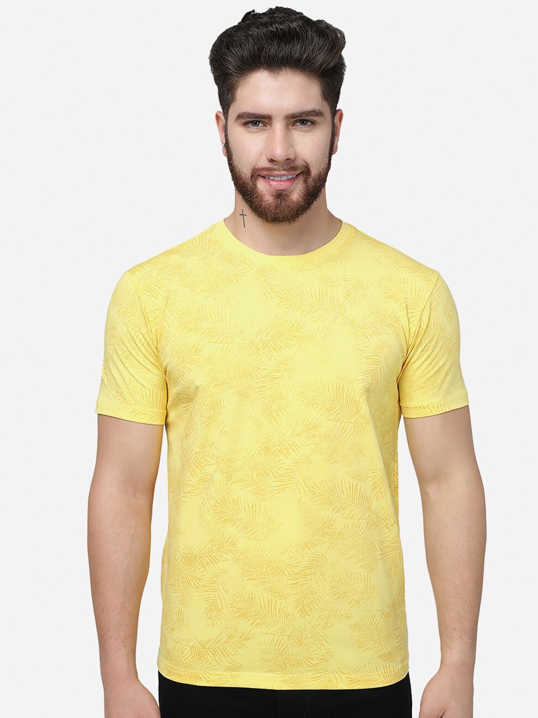 

JADE BLUE Tropical Printed Cotton Slim Fit T-shirt, Yellow