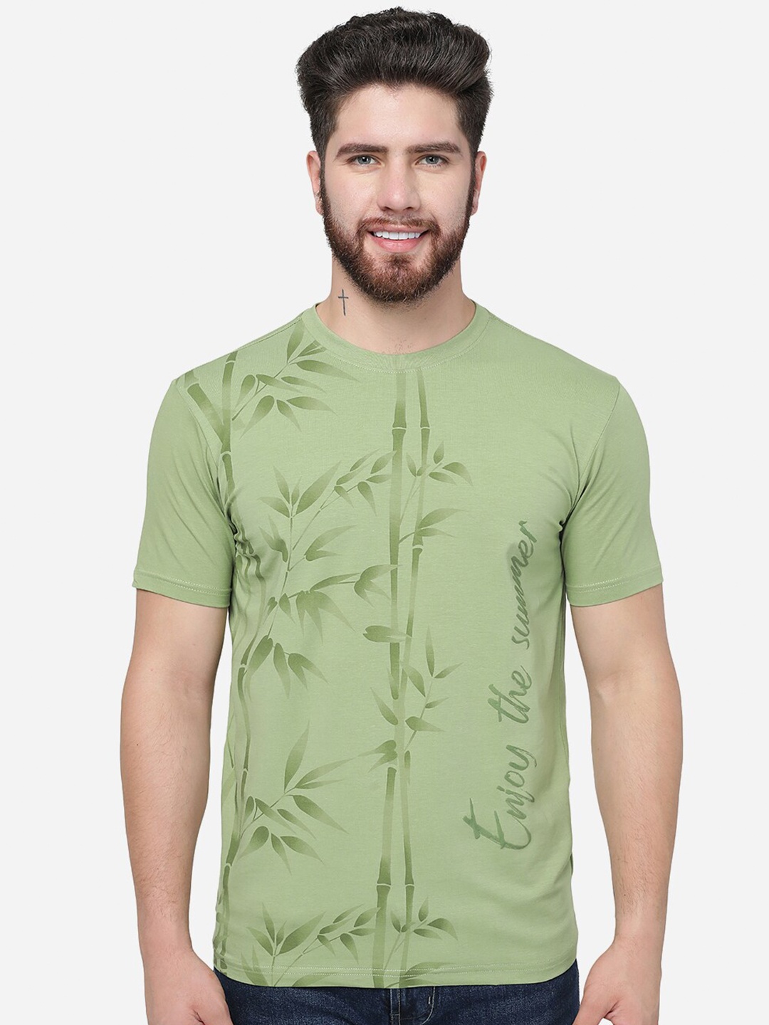

JADE BLUE Graphic Printed Round Neck Slim Fit T-shirt, Green