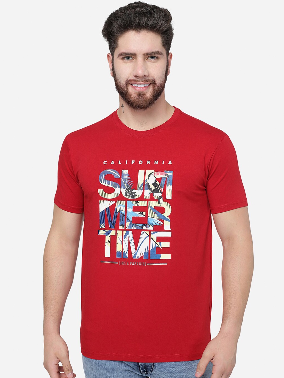

JADE BLUE Typography Printed Cotton Slim Fit T-shirt, Red