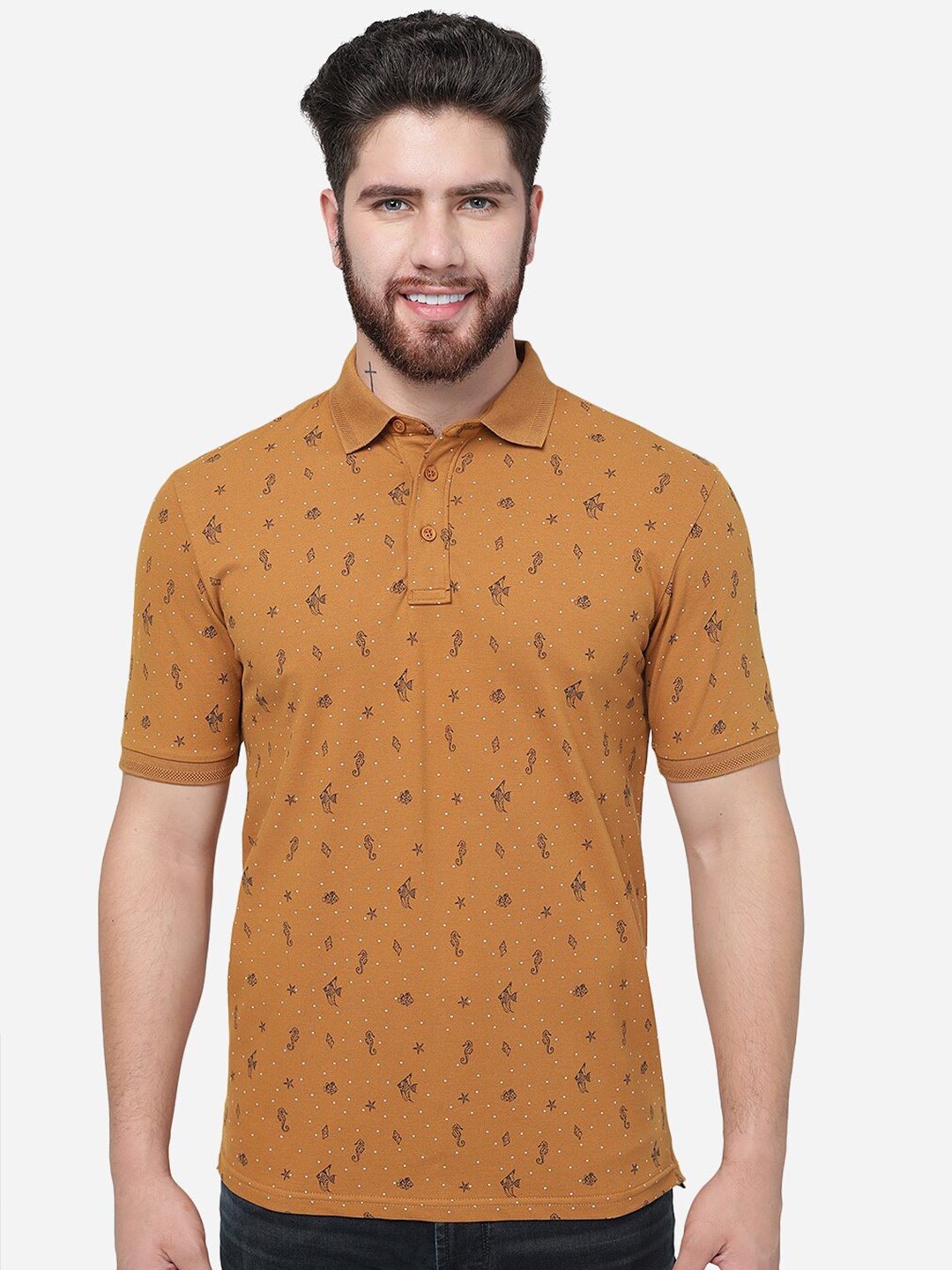 

JADE BLUE Micro Ditsy Printed Polo Collar Cotton Slim Fit T-shirt, Brown