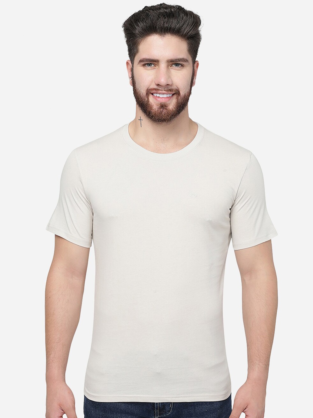 

JADE BLUE Round Neck Cotton Slim Fit T-shirt, Beige