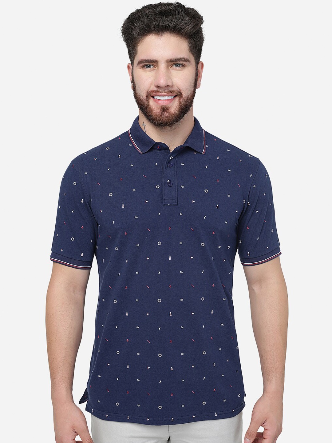 

JADE BLUE Micro Ditsy Printed Polo Collar Cotton Slim Fit T-shirt, Navy blue