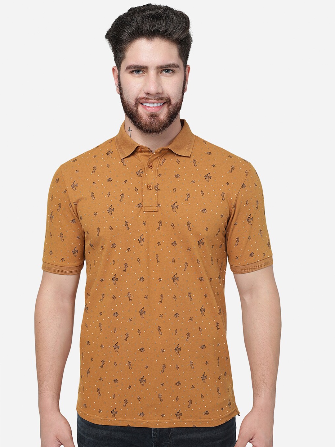 

JADE BLUE Conversational Printed Polo Collar Cotton Slim Fit T-shirt, Mustard